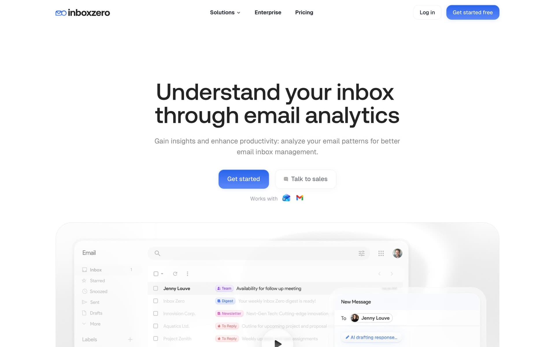 A website screenshot showcasing an email analytics platform with an inbox interface and a new message window.